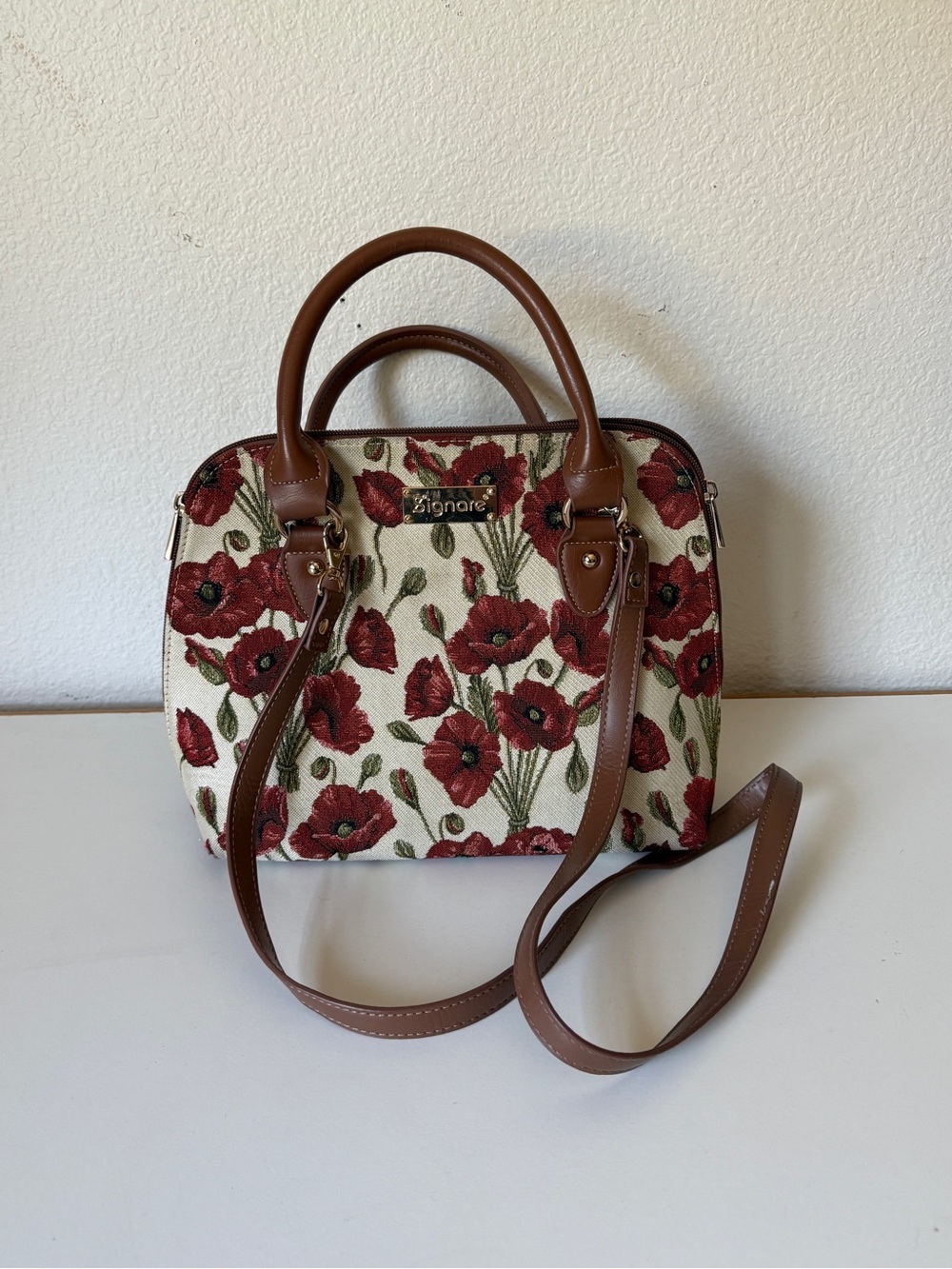 Signare Red Poppy Tapestry Satchel with Brown Trim